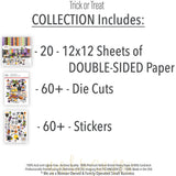 Trick or Treat Collection, includes image, showing coordinated Paper & Sticker Kit, full-size Die Cuts, and Sticker Sheet for scrapbook layouts, memory albums, cards, journals, and keepsakes. Buyer theme: Coordinated Cute Halloween Collection. Trick or Treat coordinated scrapbook collection with 12x12 paper, stickers and die-cut Halloween embellishments. Color palette includes Bright white, soft cream, black, charcoal, orange, yellow, lime green, apple green, lavender, lilac and bright purple