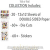 Trick or Treat Collection, includes image, showing coordinated Paper & Sticker Kit, full-size Die Cuts, and Sticker Sheet for scrapbook layouts, memory albums, cards, journals, and keepsakes. Buyer theme: Coordinated Cute Halloween Collection. Trick or Treat coordinated scrapbook collection with 12x12 paper, stickers and die-cut Halloween embellishments. Color palette includes Bright white, soft cream, black, charcoal, orange, yellow, lime green, apple green, lavender, lilac and bright purple