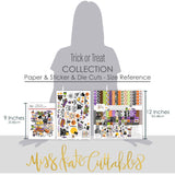 Trick or Treat Collection, size guide image, showing coordinated Paper & Sticker Kit, full-size Die Cuts, and Sticker Sheet for scrapbook layouts, memory albums, cards, journals, and keepsakes. Buyer theme: Coordinated Cute Halloween Collection. Trick or Treat coordinated scrapbook collection with 12x12 paper, stickers and die-cut Halloween embellishments. Color palette includes Bright white, soft cream, black, charcoal, orange, yellow, lime green, apple green, lavender, lilac and bright purple