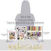 Trick or Treat Collection, size guide image, showing coordinated Paper & Sticker Kit, full-size Die Cuts, and Sticker Sheet for scrapbook layouts, memory albums, cards, journals, and keepsakes. Buyer theme: Coordinated Cute Halloween Collection. Trick or Treat coordinated scrapbook collection with 12x12 paper, stickers and die-cut Halloween embellishments. Color palette includes Bright white, soft cream, black, charcoal, orange, yellow, lime green, apple green, lavender, lilac and bright purple