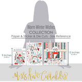 Warm Winter Wishes Collection, size guide image, showing coordinated Paper & Sticker Kit, full-size Die Cuts, and Sticker Sheet for scrapbook layouts, memory albums, cards, journals, and keepsakes. Buyer theme: Coordinated Winter Scrapbook Collection. Warm Winter Wishes coordinated scrapbook collection with winter paper, stickers and die cuts for snow-day photos, seasonal stories and cozy memories. Coordinating patterns include Diagonal candy stripes, Snowman repeats, Cabin scenes