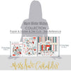 Warm Winter Wishes Collection, size guide image, showing coordinated Paper & Sticker Kit, full-size Die Cuts, and Sticker Sheet for scrapbook layouts, memory albums, cards, journals, and keepsakes. Buyer theme: Coordinated Winter Scrapbook Collection. Warm Winter Wishes coordinated scrapbook collection with winter paper, stickers and die cuts for snow-day photos, seasonal stories and cozy memories. Coordinating patterns include Diagonal candy stripes, Snowman repeats, Cabin scenes