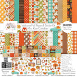 Welcome Fall Collection, collection product image, showing coordinated Paper & Sticker Kit, full-size Die Cuts, and Sticker Sheet for scrapbook layouts, memory albums, cards, journals, and keepsakes. Buyer theme: Coordinated Fall Scrapbook Collection. Welcome Fall coordinated scrapbook collection with 12x12 paper, stickers and die-cut autumn embellishments. Color palette includes Pumpkin orange, burnt orange, harvest gold, sunflower yellow, olive green, moss green, teal, aqua, tan and brown