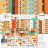 Welcome Fall Collection, collection product image, showing coordinated Paper & Sticker Kit, full-size Die Cuts, and Sticker Sheet for scrapbook layouts, memory albums, cards, journals, and keepsakes. Buyer theme: Coordinated Fall Scrapbook Collection. Welcome Fall coordinated scrapbook collection with 12x12 paper, stickers and die-cut autumn embellishments. Color palette includes Pumpkin orange, burnt orange, harvest gold, sunflower yellow, olive green, moss green, teal, aqua, tan and brown