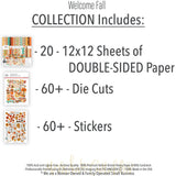 Welcome Fall Collection, includes image, showing coordinated Paper & Sticker Kit, full-size Die Cuts, and Sticker Sheet for scrapbook layouts, memory albums, cards, journals, and keepsakes. Buyer theme: Coordinated Fall Scrapbook Collection. Welcome Fall coordinated scrapbook collection with 12x12 paper, stickers and die-cut autumn embellishments. Color palette includes Pumpkin orange, burnt orange, harvest gold, sunflower yellow, olive green, moss green, teal, aqua, tan and brown