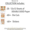 Welcome Fall Collection, includes image, showing coordinated Paper & Sticker Kit, full-size Die Cuts, and Sticker Sheet for scrapbook layouts, memory albums, cards, journals, and keepsakes. Buyer theme: Coordinated Fall Scrapbook Collection. Welcome Fall coordinated scrapbook collection with 12x12 paper, stickers and die-cut autumn embellishments. Color palette includes Pumpkin orange, burnt orange, harvest gold, sunflower yellow, olive green, moss green, teal, aqua, tan and brown