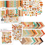 Welcome Fall Collection, main product image, showing coordinated Paper & Sticker Kit, full-size Die Cuts, and Sticker Sheet for scrapbook layouts, memory albums, cards, journals, and keepsakes. Buyer theme: Coordinated Fall Scrapbook Collection. Welcome Fall coordinated scrapbook collection with 12x12 paper, stickers and die-cut autumn embellishments. Color palette includes Pumpkin orange, burnt orange, harvest gold, sunflower yellow, olive green, moss green, teal, aqua, tan and brown