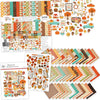 Welcome Fall Collection, main product image, showing coordinated Paper & Sticker Kit, full-size Die Cuts, and Sticker Sheet for scrapbook layouts, memory albums, cards, journals, and keepsakes. Buyer theme: Coordinated Fall Scrapbook Collection. Welcome Fall coordinated scrapbook collection with 12x12 paper, stickers and die-cut autumn embellishments. Color palette includes Pumpkin orange, burnt orange, harvest gold, sunflower yellow, olive green, moss green, teal, aqua, tan and brown