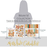 Welcome Fall Collection, size guide image, showing coordinated Paper & Sticker Kit, full-size Die Cuts, and Sticker Sheet for scrapbook layouts, memory albums, cards, journals, and keepsakes. Buyer theme: Coordinated Fall Scrapbook Collection. Welcome Fall coordinated scrapbook collection with 12x12 paper, stickers and die-cut autumn embellishments. Color palette includes Pumpkin orange, burnt orange, harvest gold, sunflower yellow, olive green, moss green, teal, aqua, tan and brown