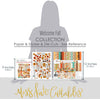 Welcome Fall Collection, size guide image, showing coordinated Paper & Sticker Kit, full-size Die Cuts, and Sticker Sheet for scrapbook layouts, memory albums, cards, journals, and keepsakes. Buyer theme: Coordinated Fall Scrapbook Collection. Welcome Fall coordinated scrapbook collection with 12x12 paper, stickers and die-cut autumn embellishments. Color palette includes Pumpkin orange, burnt orange, harvest gold, sunflower yellow, olive green, moss green, teal, aqua, tan and brown
