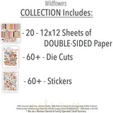 Wildflowers Collection, includes image, showing coordinated Paper & Sticker Kit, full-size Die Cuts, and Sticker Sheet for scrapbook layouts, memory albums, cards, journals, and keepsakes. Buyer theme: Coordinated Garden & Floral Scrapbook Collection. Wildflowers coordinated scrapbook collection with paper, stickers and die cuts for garden memories, outdoor photos, nature journals and colorful botanical projects. Designed for Spring and summer memory pages, Card making, Mini albums