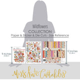Wildflowers Collection, size guide image, showing coordinated Paper & Sticker Kit, full-size Die Cuts, and Sticker Sheet for scrapbook layouts, memory albums, cards, journals, and keepsakes. Buyer theme: Coordinated Garden & Floral Scrapbook Collection. Wildflowers coordinated scrapbook collection with paper, stickers and die cuts for garden memories, outdoor photos, nature journals and colorful botanical projects. Designed for Card making, Mini albums, Junk journals