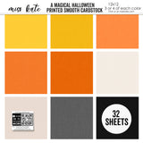 A Magical Halloween Cardstock, high resolution cover image, showing 12x12 printed smooth cardstock for scrapbook page bases, photo mats, card making, die cutting, titles, borders, and layered paper projects. Buyer theme: Orange Black Halloween Printed Smooth Cardstock. A Magical Halloween Printed Smooth Cardstock in nine yellow, orange, white, gray and black linen-look colors for Halloween paper crafting
