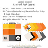 A Magical Halloween Cardstock, includes image, showing 12x12 printed smooth cardstock for scrapbook page bases, photo mats, card making, die cutting, titles, borders, and layered paper projects. Buyer theme: Orange Black Halloween Printed Smooth Cardstock. A Magical Halloween Printed Smooth Cardstock in nine yellow, orange, white, gray and black linen-look colors for Halloween paper crafting