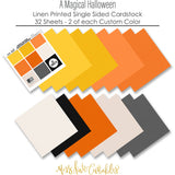 A Magical Halloween Cardstock, papers spread out image, showing 12x12 printed smooth cardstock for scrapbook page bases, photo mats, card making, die cutting, titles, borders, and layered paper projects. Buyer theme: Orange Black Halloween Printed Smooth Cardstock. A Magical Halloween Printed Smooth Cardstock in nine yellow, orange, white, gray and black linen-look colors for Halloween paper crafting
