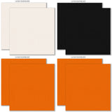 A Magical Halloween Cardstock, cardstock paper patterns 17 through 24 preview, showing 12x12 printed smooth cardstock for scrapbook page bases, photo mats, card making, die cutting, titles, borders, and layered paper projects. Buyer theme: Orange Black Halloween Printed Smooth Cardstock. A Magical Halloween Printed Smooth Cardstock in nine yellow, orange, white, gray and black linen-look colors for Halloween paper crafting