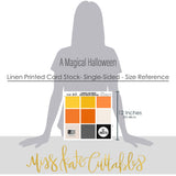A Magical Halloween Cardstock, size guide image, showing 12x12 printed smooth cardstock for scrapbook page bases, photo mats, card making, die cutting, titles, borders, and layered paper projects. Buyer theme: Orange Black Halloween Printed Smooth Cardstock. A Magical Halloween Printed Smooth Cardstock in nine yellow, orange, white, gray and black linen-look colors for Halloween paper crafting