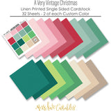 A Very Vintage Christmas Cardstock, papers spread out image, showing 12x12 printed smooth cardstock for scrapbook page bases, photo mats, card making, die cutting, titles, borders, and layered paper projects. Buyer theme: Pink Green Vintage Christmas Printed Smooth Cardstock. A Very Vintage Christmas Printed Smooth Cardstock in sixteen coordinating pink, green, cream and neutral linen-look colors for holiday paper crafting