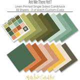 Are We There Yet? Cardstock, papers spread out image, showing 12x12 linen printed smooth cardstock for scrapbook page bases, photo mats, card making, die cutting, titles, borders, and layered paper projects. Buyer theme: Retro Travel Colors Printed Cardstock Pack. 32-sheet 12x12 printed smooth cardstock pack in 16 coordinating mint, teal, olive, orange, coral, yellow, cream, and taupe shades. Coordinating patterns include checkerboard, pin dots, diagonal stripes