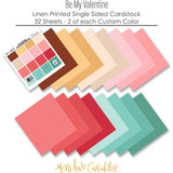 Be My Valentine Cardstock, papers spread out image, showing 12x12 printed smooth cardstock for scrapbook page bases, photo mats, card making, die cutting, titles, borders, and layered paper projects. Buyer theme: Pink & Aqua Valentine Printed Smooth Cardstock. Be My Valentine Printed Smooth Cardstock in cocoa, cream, ivory, pink, coral, red, aqua and teal shades with a subtle coordinating printed texture. Designed for Friendship memory keeping, Card making, Mini albums
