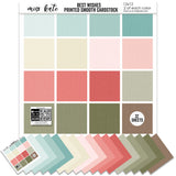 Best Wishes Cardstock, main product image, showing 12x12 printed smooth cardstock for scrapbook page bases, photo mats, card making, die cutting, titles, borders, and layered paper projects. Buyer theme: Soft Floral Printed Smooth Cardstock in Pastel Tones. 32-sheet coordinating printed smooth cardstock pack. Visible artwork includes watercolor roses, ribbon bows, wildflowers, leafy sprigs. Coordinating patterns include gingham, plaid, polka dots