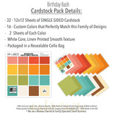 Birthday Bash Cardstock, includes image, showing 12x12 printed smooth cardstock for scrapbook page bases, photo mats, card making, die cutting, titles, borders, and layered paper projects. Buyer theme: Bright Party Colors Printed Smooth Cardstock. Birthday Bash Printed Smooth Cardstock in coordinating coral, red, yellow, orange, green, aqua, teal, cream and brown party colors. Coordinating patterns include Balloon toss patterns, Cake and cupcake toss, Candle rows