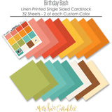 Birthday Bash Cardstock, papers spread out image, showing 12x12 printed smooth cardstock for scrapbook page bases, photo mats, card making, die cutting, titles, borders, and layered paper projects. Buyer theme: Bright Party Colors Printed Smooth Cardstock. Birthday Bash Printed Smooth Cardstock in coordinating coral, red, yellow, orange, green, aqua, teal, cream and brown party colors. Coordinating patterns include Star textures, Balloon toss patterns, Cake and cupcake toss