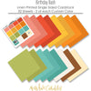 Birthday Bash Cardstock, papers spread out image, showing 12x12 printed smooth cardstock for scrapbook page bases, photo mats, card making, die cutting, titles, borders, and layered paper projects. Buyer theme: Bright Party Colors Printed Smooth Cardstock. Birthday Bash Printed Smooth Cardstock in coordinating coral, red, yellow, orange, green, aqua, teal, cream and brown party colors. Coordinating patterns include Star textures, Balloon toss patterns, Cake and cupcake toss