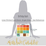 Birthday Bash Cardstock, size guide image, showing 12x12 printed smooth cardstock for scrapbook page bases, photo mats, card making, die cutting, titles, borders, and layered paper projects. Buyer theme: Bright Party Colors Printed Smooth Cardstock. Birthday Bash Printed Smooth Cardstock in coordinating coral, red, yellow, orange, green, aqua, teal, cream and brown party colors. Visible artwork includes Wrapped gifts and bows, Birthday candles, Party hats and pinata, Pennant banners