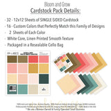 Bloom and Grow Cardstock, includes image, showing 12x12 printed smooth cardstock for scrapbook page bases, photo mats, card making, die cutting, titles, borders, and layered paper projects. Buyer theme: Spring Floral Printed Smooth Cardstock. Bloom and Grow Printed Smooth Cardstock with 16 coordinating linen-look floral palette colors in coral, blush, gold, cream, teal and warm neutrals. Scrapbook cardstock, card making cardstock, photo mat paper, die-cutting paper, and coordinated album colors
