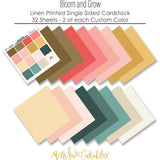 Bloom and Grow Cardstock, papers spread out image, showing 12x12 printed smooth cardstock for scrapbook page bases, photo mats, card making, die cutting, titles, borders, and layered paper projects. Buyer theme: Spring Floral Printed Smooth Cardstock. Bloom and Grow Printed Smooth Cardstock with 16 coordinating linen-look floral palette colors in coral, blush, gold, cream, teal and warm neutrals