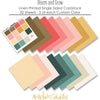 Bloom and Grow Cardstock, papers spread out image, showing 12x12 printed smooth cardstock for scrapbook page bases, photo mats, card making, die cutting, titles, borders, and layered paper projects. Buyer theme: Spring Floral Printed Smooth Cardstock. Bloom and Grow Printed Smooth Cardstock with 16 coordinating linen-look floral palette colors in coral, blush, gold, cream, teal and warm neutrals