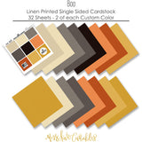Boo Cardstock, papers spread out image, showing 12x12 printed smooth cardstock for scrapbook page bases, photo mats, card making, die cutting, titles, borders, and layered paper projects. Buyer theme: Halloween Orange Black & Cream Printed Cardstock. Boo Printed Smooth Cardstock in nine coordinating cream, taupe, charcoal, black, orange and gold linen-look colors for Halloween paper crafting