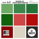 Christmas Joy Cardstock, high resolution cover image, showing 12x12 printed smooth cardstock for scrapbook page bases, photo mats, card making, die cutting, titles, borders, and layered paper projects. Buyer theme: Classic Red & Green Printed Smooth Cardstock. Christmas Joy Printed Smooth Cardstock in coordinating sage, green, evergreen, forest green, cranberry, Christmas red, deep red, cream and charcoal shades