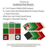 Christmas Joy Cardstock, includes image, showing 12x12 printed smooth cardstock for scrapbook page bases, photo mats, card making, die cutting, titles, borders, and layered paper projects. Buyer theme: Classic Red & Green Printed Smooth Cardstock. Christmas Joy Printed Smooth Cardstock in coordinating sage, green, evergreen, forest green, cranberry, Christmas red, deep red, cream and charcoal shades. Coordinating patterns include Holly berry repeats, Santa and snowman toss, Snowflake fields