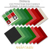 Christmas Joy Cardstock, papers spread out image, showing 12x12 printed smooth cardstock for scrapbook page bases, photo mats, card making, die cutting, titles, borders, and layered paper projects. Buyer theme: Classic Red & Green Printed Smooth Cardstock. Christmas Joy Printed Smooth Cardstock in coordinating sage, green, evergreen, forest green, cranberry, Christmas red, deep red, cream and charcoal shades. Designed for Christmas Eve memories, Card making, Mini albums