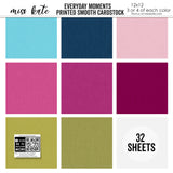Everyday Moments Cardstock, high resolution cover image, showing 12x12 printed smooth cardstock for scrapbook page bases, photo mats, card making, die cutting, titles, borders, and layered paper projects. Buyer theme: Navy, Berry & Pink Printed Smooth Cardstock. Everyday Moments Printed Smooth Cardstock in coordinating aqua, navy, pink, raspberry, berry, citron, olive and soft white colors. Coordinating patterns include Polka dots, Diagonal pinstripes, Plaids and tartans