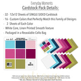 Everyday Moments Cardstock, includes image, showing 12x12 printed smooth cardstock for scrapbook page bases, photo mats, card making, die cutting, titles, borders, and layered paper projects. Buyer theme: Navy, Berry & Pink Printed Smooth Cardstock. Everyday Moments Printed Smooth Cardstock in coordinating aqua, navy, pink, raspberry, berry, citron, olive and soft white colors. Coordinating patterns include Geometric quilt patterns, Floral medallion trellis, Tiny tulip repeats