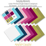 Everyday Moments Cardstock, papers spread out image, showing 12x12 printed smooth cardstock for scrapbook page bases, photo mats, card making, die cutting, titles, borders, and layered paper projects. Buyer theme: Navy, Berry & Pink Printed Smooth Cardstock. Everyday Moments Printed Smooth Cardstock in coordinating aqua, navy, pink, raspberry, berry, citron, olive and soft white colors. Coordinating patterns include Plaids and tartans, Geometric quilt patterns, Floral medallion trellis