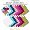 Everyday Moments Cardstock, papers spread out image, showing 12x12 printed smooth cardstock for scrapbook page bases, photo mats, card making, die cutting, titles, borders, and layered paper projects. Buyer theme: Navy, Berry & Pink Printed Smooth Cardstock. Everyday Moments Printed Smooth Cardstock in coordinating aqua, navy, pink, raspberry, berry, citron, olive and soft white colors. Coordinating patterns include Plaids and tartans, Geometric quilt patterns, Floral medallion trellis