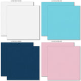 Everyday Moments Cardstock, cardstock paper patterns 17 through 24 preview, showing 12x12 printed smooth cardstock for scrapbook page bases, photo mats, card making, die cutting, titles, borders, and layered paper projects. Buyer theme: Navy, Berry & Pink Printed Smooth Cardstock. Everyday Moments Printed Smooth Cardstock in coordinating aqua, navy, pink, raspberry, berry, citron, olive and soft white colors. Designed for Memory keeping, Family scrapbook layouts, Friendship memory albums