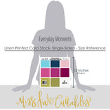 Everyday Moments Cardstock, size guide image, showing 12x12 printed smooth cardstock for scrapbook page bases, photo mats, card making, die cutting, titles, borders, and layered paper projects. Buyer theme: Navy, Berry & Pink Printed Smooth Cardstock. Everyday Moments Printed Smooth Cardstock in coordinating aqua, navy, pink, raspberry, berry, citron, olive and soft white colors. Coordinating patterns include Diagonal pinstripes, Plaids and tartans, Geometric quilt patterns
