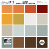 Fall Fun Cardstock, high resolution cover image, showing 12x12 printed smooth cardstock for scrapbook page bases, photo mats, card making, die cutting, titles, borders, and layered paper projects. Buyer theme: Warm Autumn Color Palette Printed Smooth Cardstock. Fall Fun Printed Smooth Cardstock in coordinating orange, rust, gold, mustard, aqua, cream, gray and brown autumn shades. Coordinating patterns include Fall gingham checks, Pumpkin and leaf tosses, Sunflower floral prints