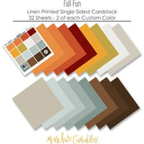 Fall Fun Cardstock, papers spread out image, showing 12x12 printed smooth cardstock for scrapbook page bases, photo mats, card making, die cutting, titles, borders, and layered paper projects. Buyer theme: Warm Autumn Color Palette Printed Smooth Cardstock. Fall Fun Printed Smooth Cardstock in coordinating orange, rust, gold, mustard, aqua, cream, gray and brown autumn shades. Coordinating patterns include Sunflower floral prints, Polka dots and horizontal stripes, Autumn heart pattern