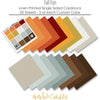 Fall Fun Cardstock, papers spread out image, showing 12x12 printed smooth cardstock for scrapbook page bases, photo mats, card making, die cutting, titles, borders, and layered paper projects. Buyer theme: Warm Autumn Color Palette Printed Smooth Cardstock. Fall Fun Printed Smooth Cardstock in coordinating orange, rust, gold, mustard, aqua, cream, gray and brown autumn shades. Coordinating patterns include Sunflower floral prints, Polka dots and horizontal stripes, Autumn heart pattern