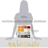 Fall Fun Cardstock, size guide image, showing 12x12 printed smooth cardstock for scrapbook page bases, photo mats, card making, die cutting, titles, borders, and layered paper projects. Buyer theme: Warm Autumn Color Palette Printed Smooth Cardstock. Fall Fun Printed Smooth Cardstock in coordinating orange, rust, gold, mustard, aqua, cream, gray and brown autumn shades. Visible artwork includes Maple and oak leaves, Brown pinecones, Leafy branches and woodland sprigs, Autumn floral bouquets