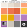 Fright Night Cardstock, high resolution cover image, showing 12x12 printed smooth cardstock for scrapbook page bases, photo mats, card making, die cutting, titles, borders, and layered paper projects. Buyer theme: Orange Purple Halloween Printed Smooth Cardstock. Fright Night Printed Smooth Cardstock in sixteen coordinating cream, orange, yellow, lavender and gray linen-look colors for Halloween paper crafting