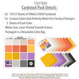 Fright Night Cardstock, includes image, showing 12x12 printed smooth cardstock for scrapbook page bases, photo mats, card making, die cutting, titles, borders, and layered paper projects. Buyer theme: Orange Purple Halloween Printed Smooth Cardstock. Fright Night Printed Smooth Cardstock in sixteen coordinating cream, orange, yellow, lavender and gray linen-look colors for Halloween paper crafting
