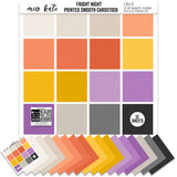 Fright Night Cardstock, main product image, showing 12x12 printed smooth cardstock for scrapbook page bases, photo mats, card making, die cutting, titles, borders, and layered paper projects. Buyer theme: Orange Purple Halloween Printed Smooth Cardstock. Fright Night Printed Smooth Cardstock in sixteen coordinating cream, orange, yellow, lavender and gray linen-look colors for Halloween paper crafting