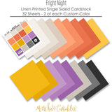 Fright Night Cardstock, papers spread out image, showing 12x12 printed smooth cardstock for scrapbook page bases, photo mats, card making, die cutting, titles, borders, and layered paper projects. Buyer theme: Orange Purple Halloween Printed Smooth Cardstock. Fright Night Printed Smooth Cardstock in sixteen coordinating cream, orange, yellow, lavender and gray linen-look colors for Halloween paper crafting
